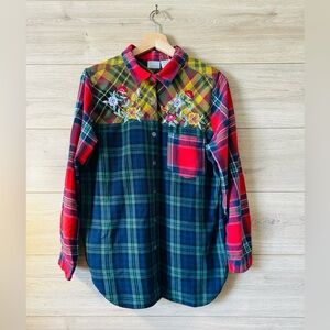 Blair Red and Green Plaid Button Down Shirt with Floral Embroidery